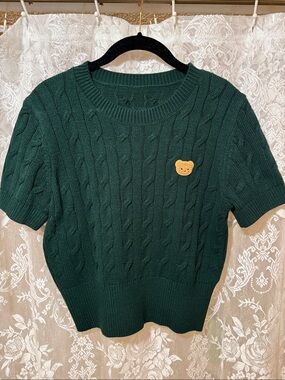 Dark Green Cable-Knit Short Sleeve Sweater with Teddy Patch